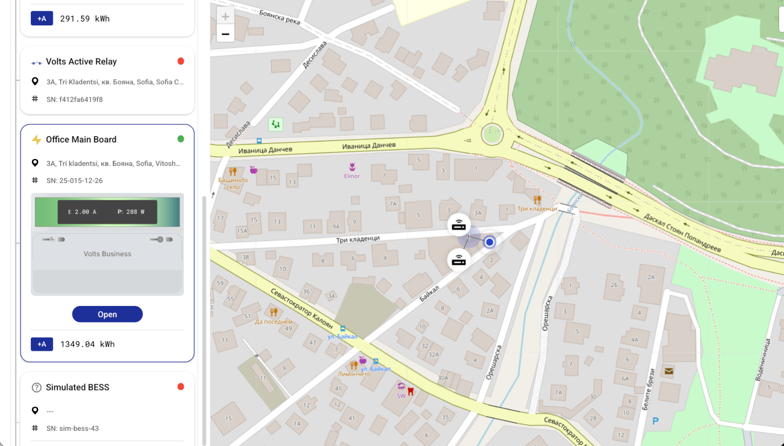 Volts site map showing connected office meters and control devices with live status