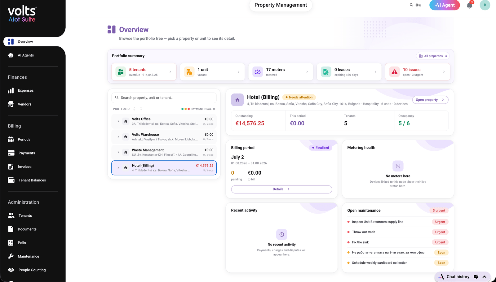 Volts Property Management - portfolio summary with billing, metering health and open maintenance