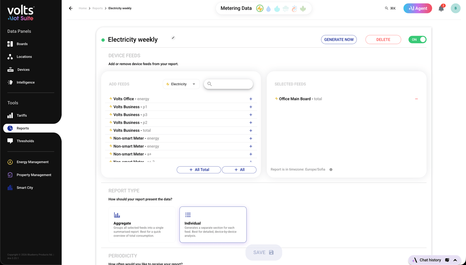 Volts report builder preparing a recurring office-performance report from selected meters