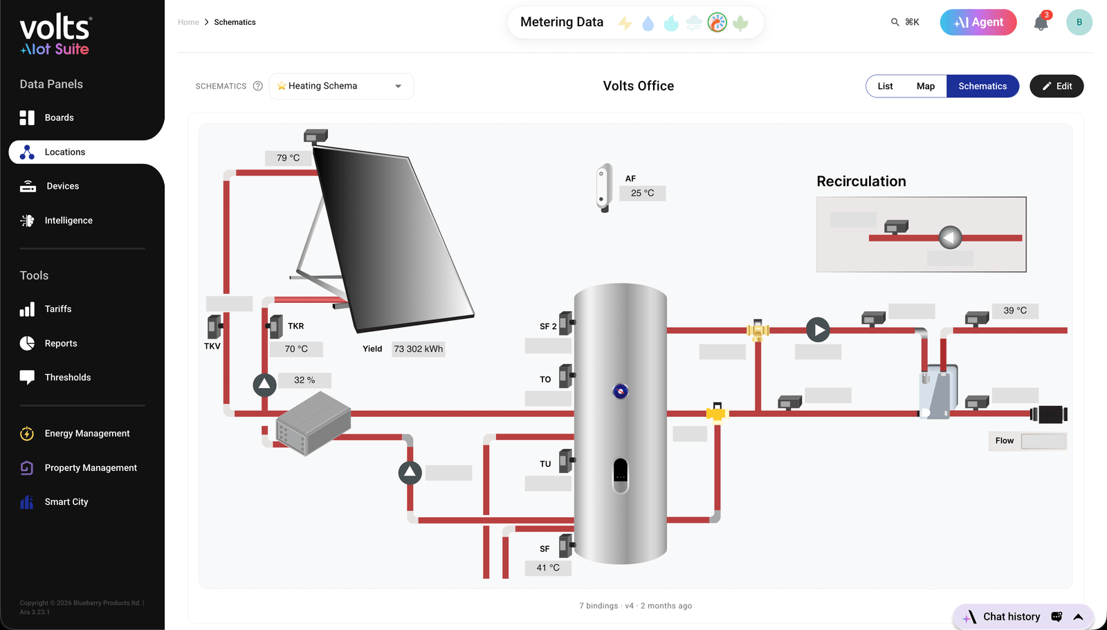 Volts schematics - live heating schema with solar thermal, tank and sensor readings