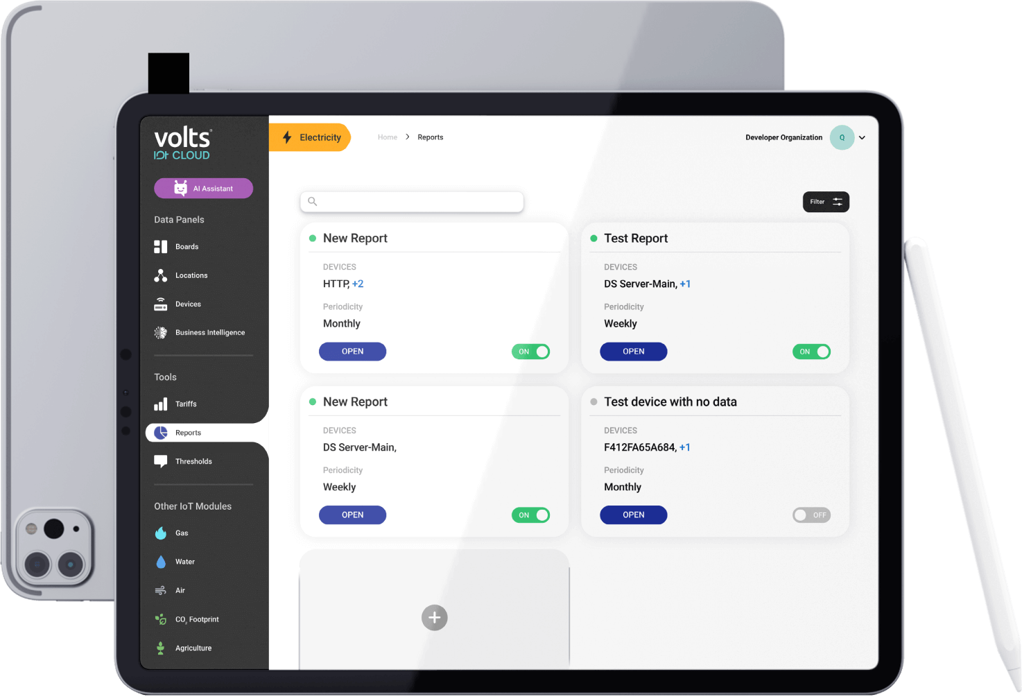 Volts cloud platform displaying CO2 footprint reports and energy data management tools for businesses, enabling real-time monitoring and sustainability tracking