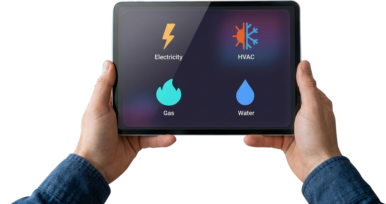 Tablet showing electricity, HVAC, gas and water monitoring