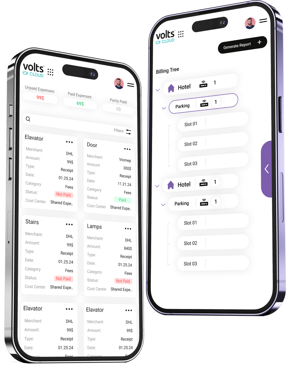 Volts mobile app showcasing real-time energy management features, including expense tracking and room-level energy monitoring for efficient building energy solutions